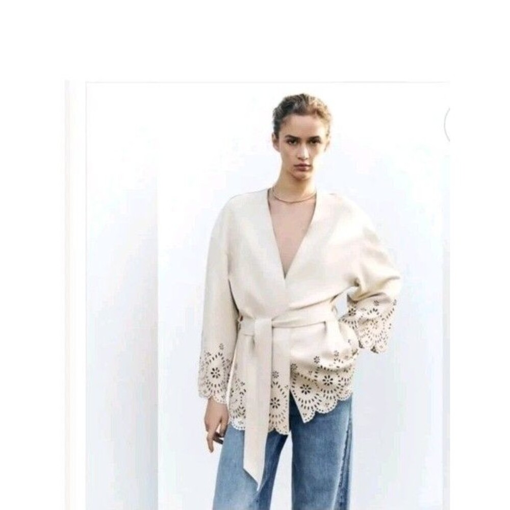 Zara Faux Suede Cream Lace Cutouts Trim Wrap Short Trench Belted @F5 Small